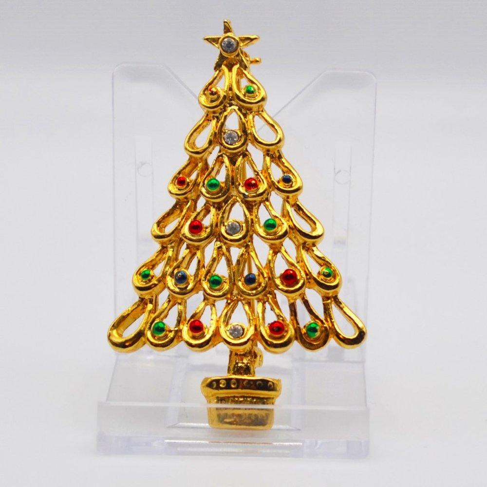 Vintage Christmas Tree Brooch Gold Tone w/ Clear, Red & Green Rhinestones